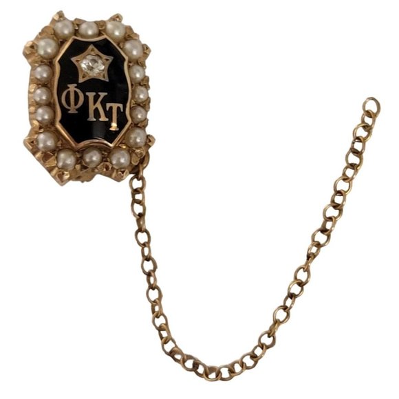 10K Yellow Gold Phi Kappa Tau Diamond Seed Pearl Lapel Pin Brooch E48 - Picture 10 of 10